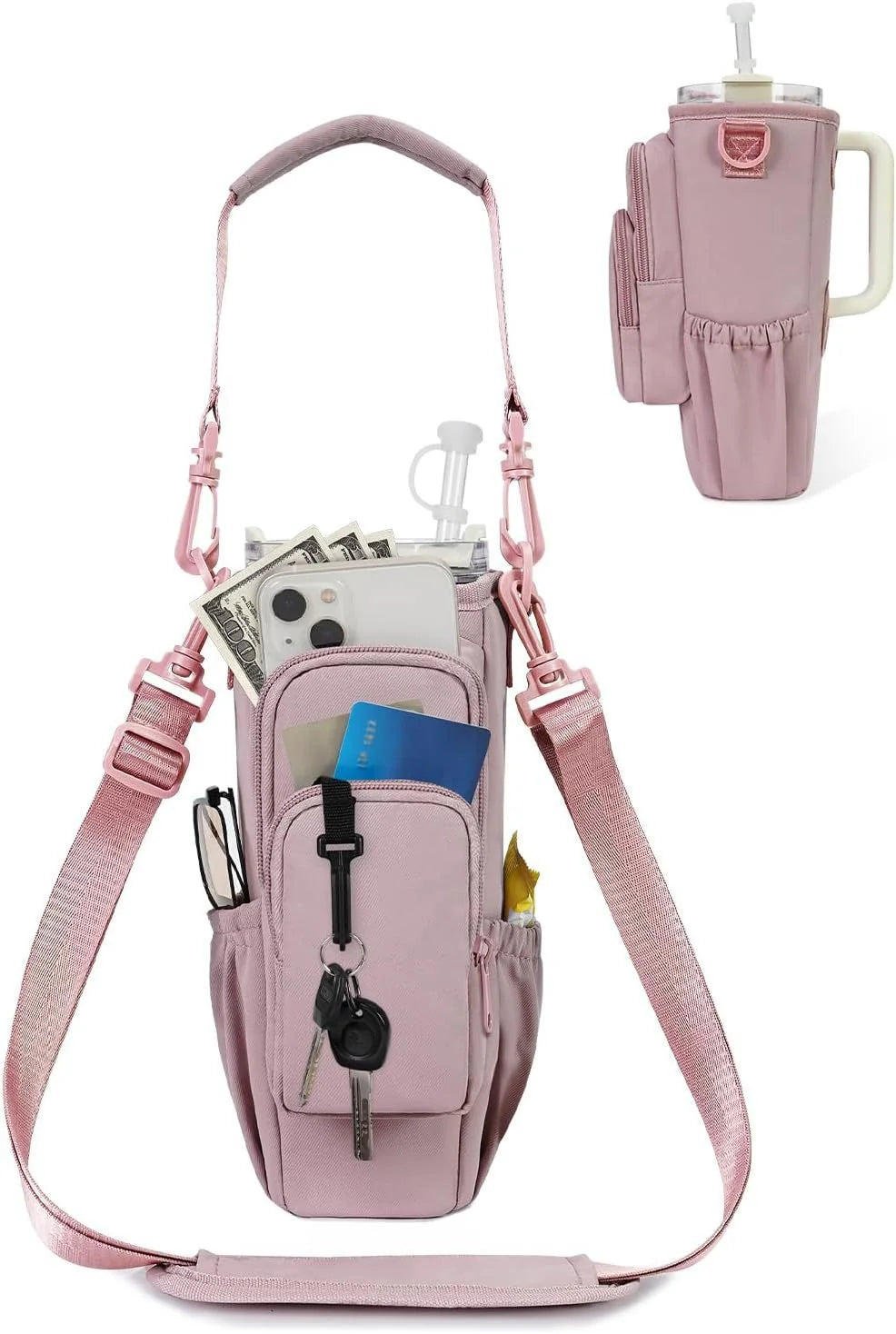 Adjustable shoulder bag with thermos cup holder for 40 oz