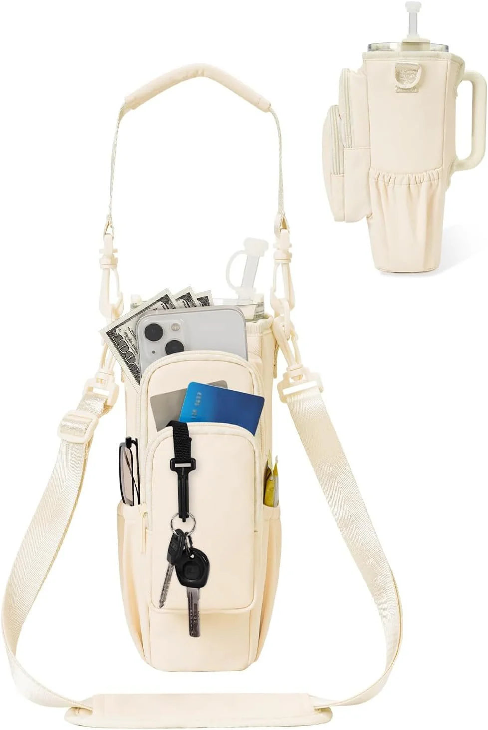 Adjustable shoulder bag with thermos cup holder for 40 oz