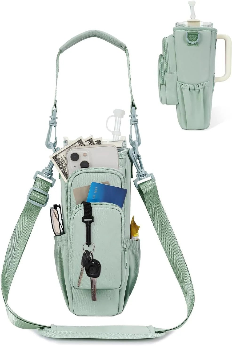 Adjustable shoulder bag with thermos cup holder for 40 oz