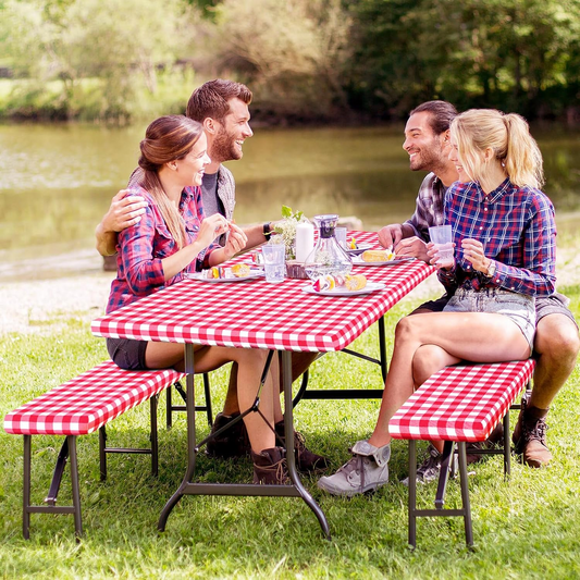Red And White Grid Outdoor Dining Table And Chair Cover
