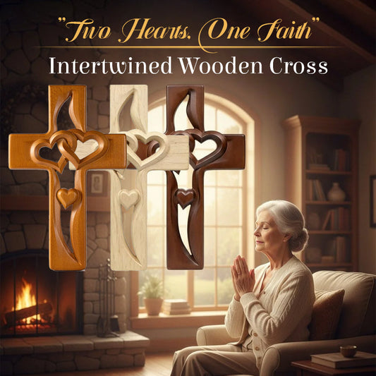 "Two Hearts, One Faith" Intertwined Wooden Cross
