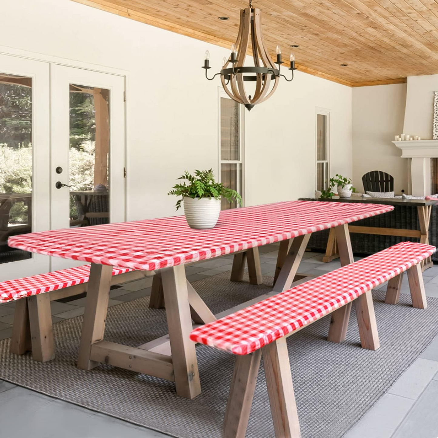 Red And White Grid Outdoor Dining Table And Chair Cover