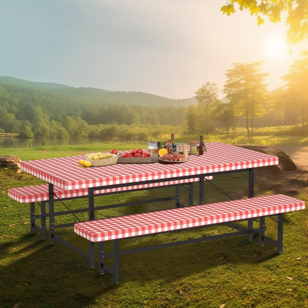 Red And White Grid Outdoor Dining Table And Chair Cover
