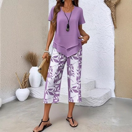 Loungewear Set with Crew-Neck Top (Layered Look) & Extra-Wide-Leg Pants