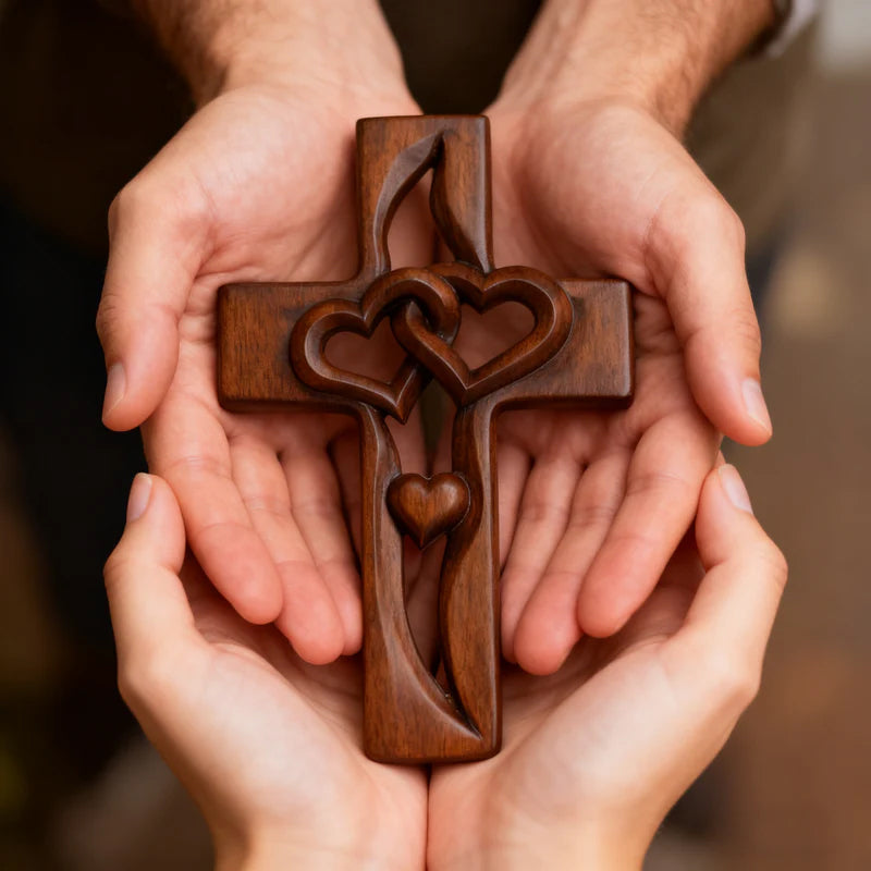 "Two Hearts, One Faith" Intertwined Wooden Cross