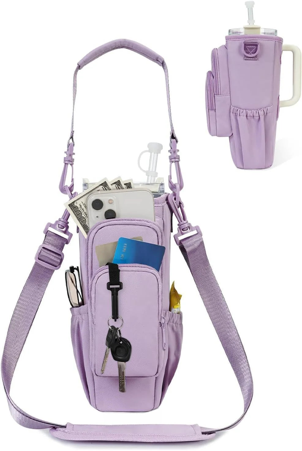Adjustable shoulder bag with thermos cup holder for 40 oz