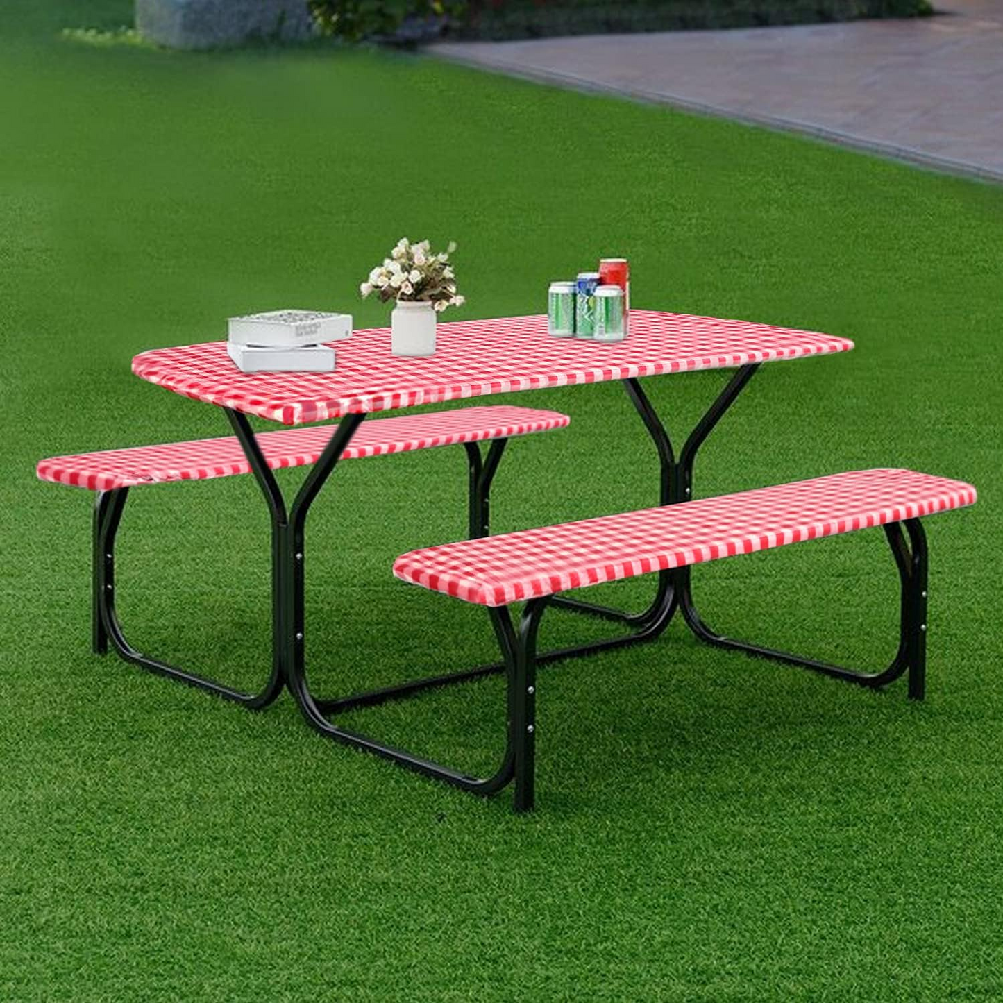 Red And White Grid Outdoor Dining Table And Chair Cover