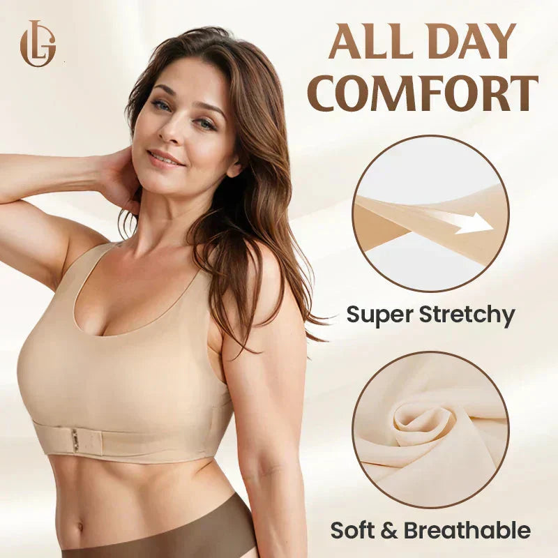 Wireless Support Bra with Front Closure and Crossed Straps at the Back